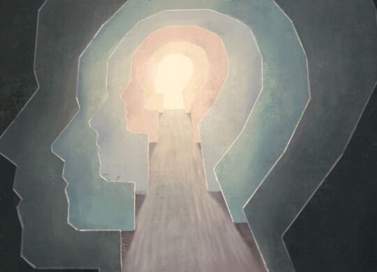 oil painting a a person head with many layers and a walkways through them toward light at the end of a tunnel