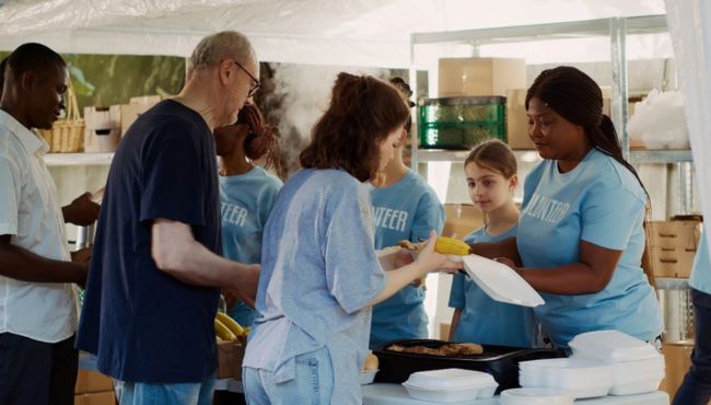 photo of volunteers handing out food